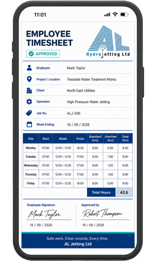 image of the AL Jetting portal on mobile demonstrating the timesheet pdf output feature